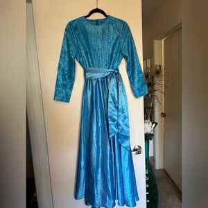 Formal Blue Gown with lace detail and belt. Made by Ukrainian seamstress.